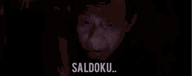 a close up of a man 's face with the words saldoku written above him