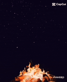 a fire is burning in the dark with a starry night sky in the background