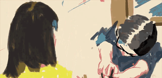 a painting of a man and a woman with glasses
