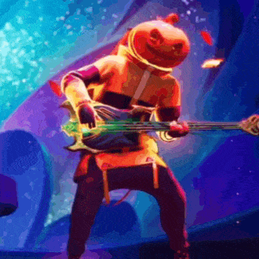 a person with a pumpkin head is playing a guitar