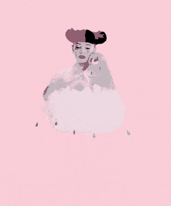 a woman with pink and black hair is sitting in a cloud with rain drops .