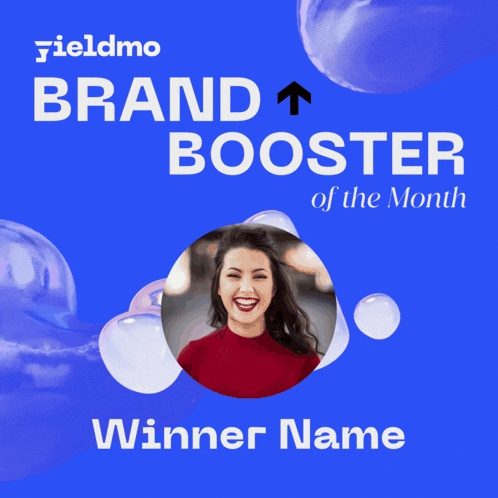 a blue background with a picture of a woman and the words brand booster of the month