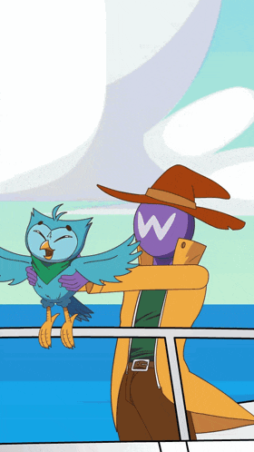 a cartoon of a man holding an owl with a letter w on his head