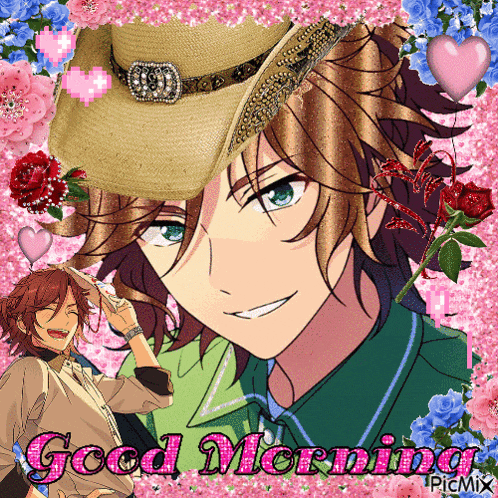 a picture of a man wearing a cowboy hat with the words good morning on it