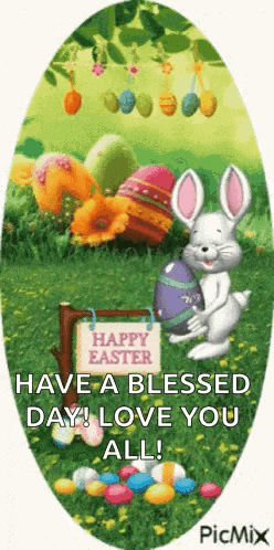 a happy easter greeting card with a bunny holding an easter egg