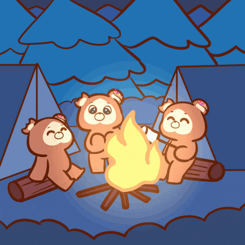 a group of teddy bears are sitting around a campfire