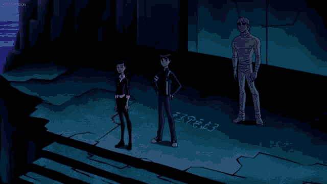 a cartoon character is standing in front of a purple glowing object with the letters ep on the wall behind him