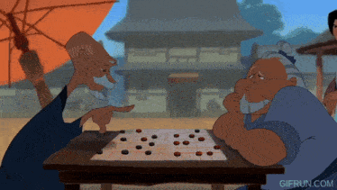 two cartoon characters are playing a game of checkers and the website gifrun.com is below them