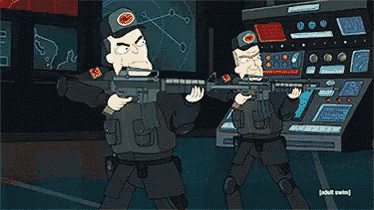 a cartoon of a man holding a gun with the word adult swim written on the bottom
