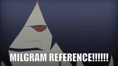 a cartoon character with the words milgram reference written on it