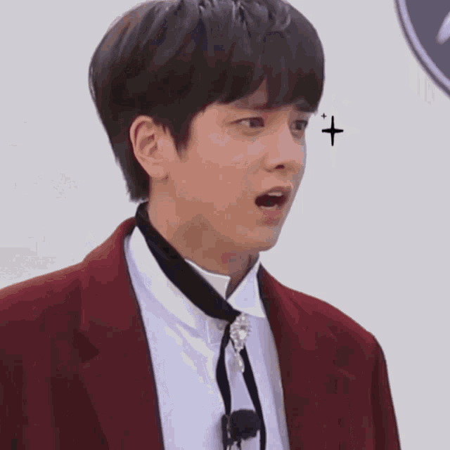 a man wearing a red jacket and a white shirt has a cross on his face
