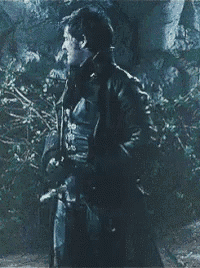 a man in a black coat holding a hook and the words bloody hell