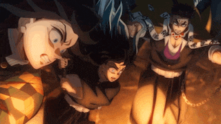 a group of anime characters are standing next to each other and fighting
