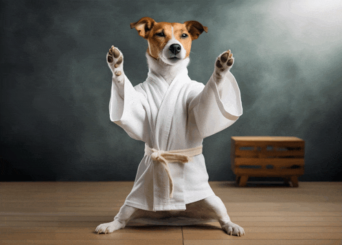 a brown and white dog in a white robe is standing on its hind legs