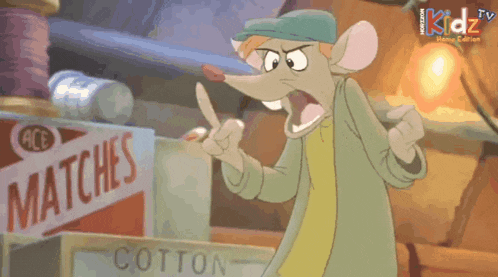 a cartoon mouse is standing in front of a sign that says " matches "