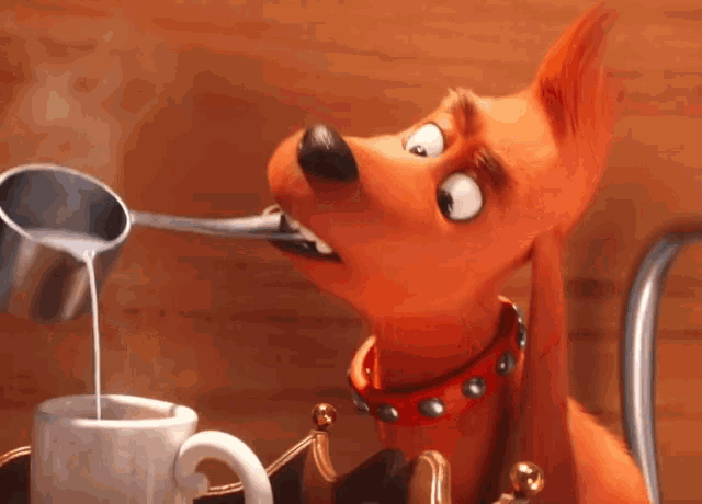 a cartoon dog is pouring milk into a cup