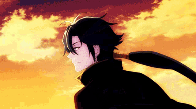 a black haired anime character with a scarf around his neck stands in front of a sunset sky