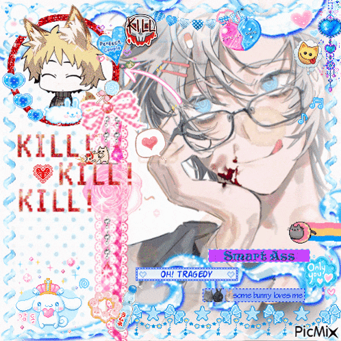 a picture of a man with glasses and the words kill kill kill on it
