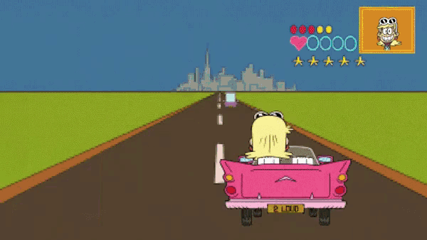 a cartoon of a woman driving a pink car with a license plate that says r.i.t.f.p.