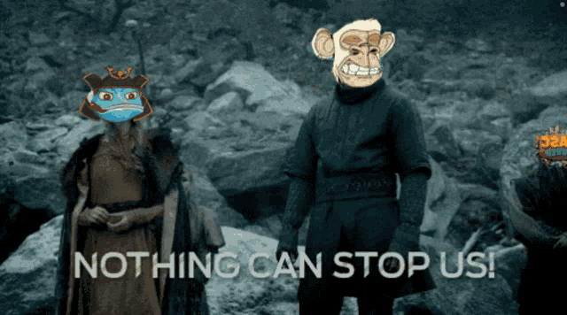 a man with a monkey on his head stands next to a woman with a mask on her face and the words nothing can stop us