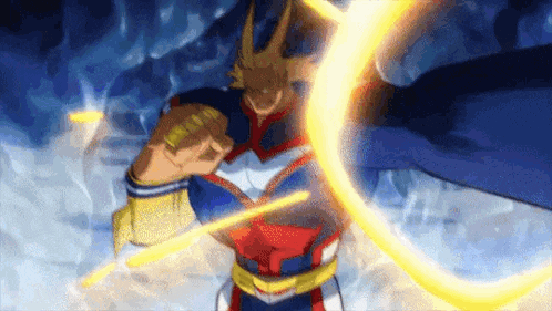 all might from my hero academia is holding a sword in his hand and a sword in his hand .