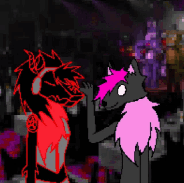 a pixel art of a red and a gray wolf with pink hair