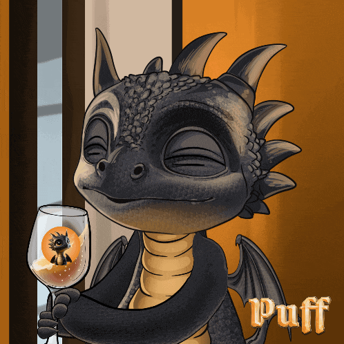 a cartoon of a dragon holding a wine glass with the word puff on the bottom right