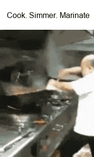 a man is cooking in a kitchen with the words cook simmer marinate on the bottom