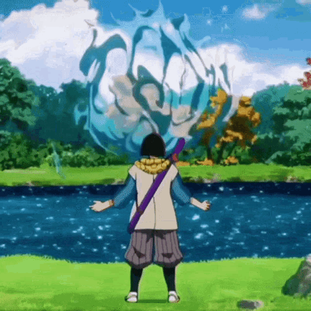 a man with a sword is standing in front of a river in a cartoon .