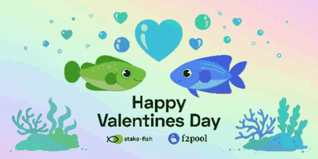 a happy valentine 's day greeting card with two fish and a heart