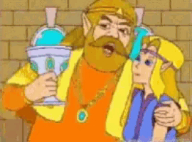a cartoon of a man with a beard holding a cup next to a woman .