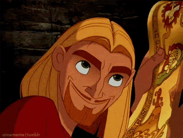 a cartoon character with long blonde hair and a beard is smiling and holding something in his hand