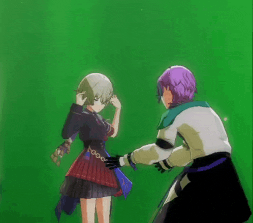 a girl with purple hair is standing next to another girl