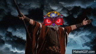 a man with an owl on his head is holding a cane in front of a cloudy sky