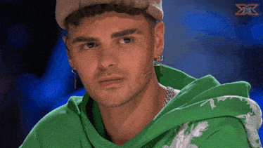 a man wearing a green hoodie and a beanie looks at the camera with an x in the background