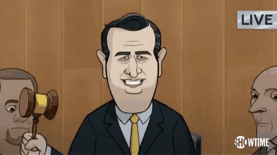 a cartoon of ted cruz holding a gavel and pointing up