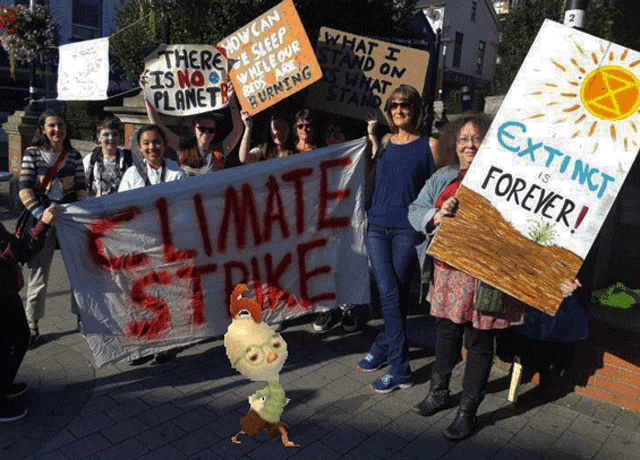 a group of people holding signs including one that says " climate strike "