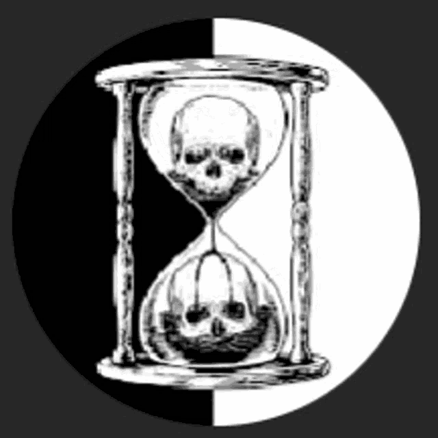 a black and white drawing of an hourglass with a skull inside