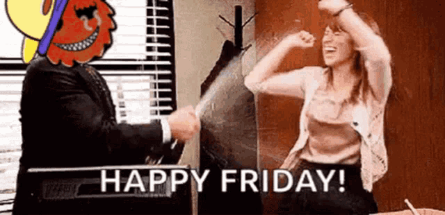 a man and a woman are dancing in a room with the words happy friday written on the bottom