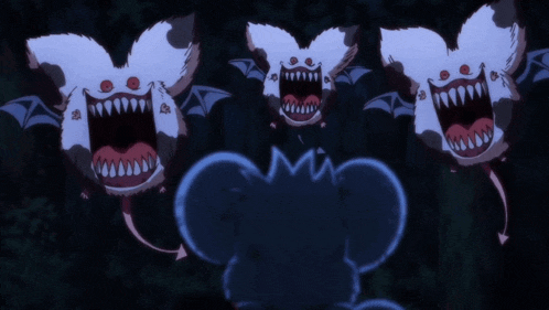 a cartoon drawing of three bats with their mouths wide open