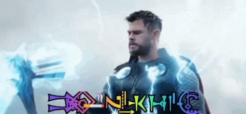 a man with a beard is holding a lightning bolt in front of a sign that says nil khic