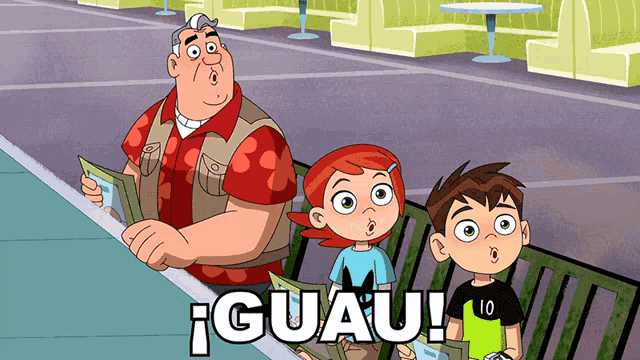 a group of cartoon characters are standing next to each other with the word guau in the corner