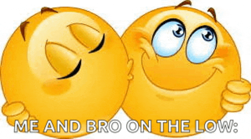 two smiley faces are hugging each other with the words `` me and bro on the low '' below them .
