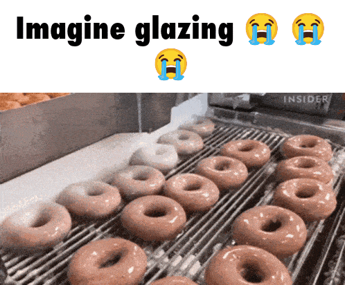 a bunch of donuts on a conveyor belt with the words imagine glazing on top