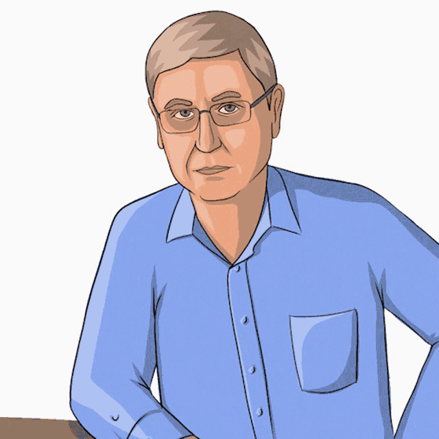 a cartoon of a man wearing glasses and a blue shirt looking at his watch