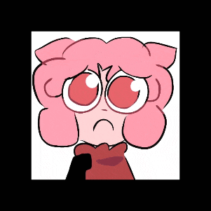 a cartoon character with pink hair and big red eyes looks sad