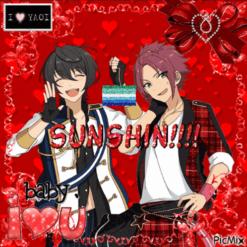a picture of two anime characters with the word sunshine written in red
