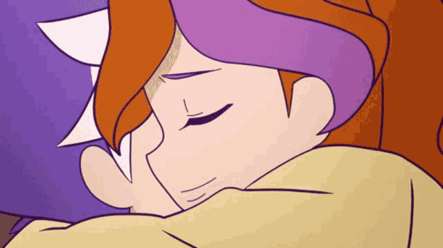 a cartoon of a girl with purple hair hugging another girl with orange hair