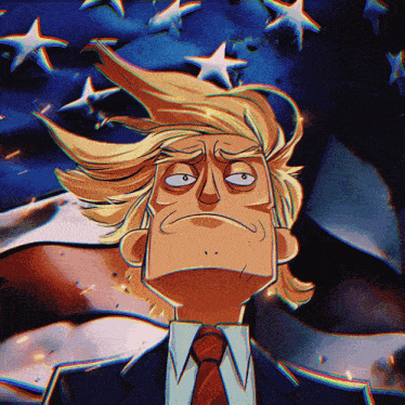 a cartoon drawing of donald trump in front of a flag