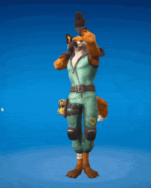 a fox with spiked shoulder pads is wearing a green jumpsuit and gloves
